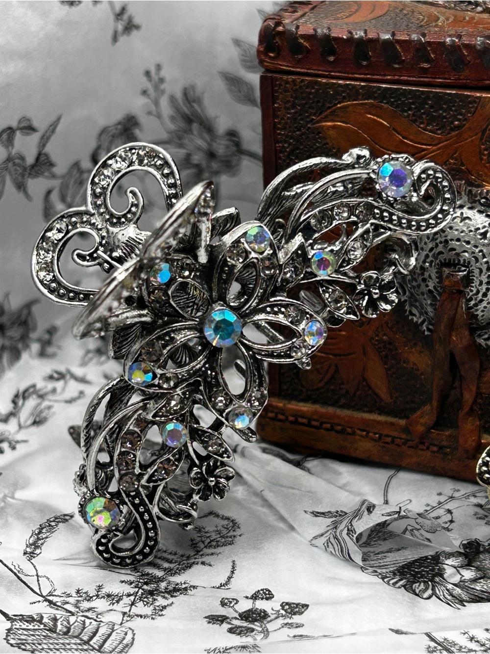 Elegant Floral Crystal Hair Clip - Iridescent Accents - Silver